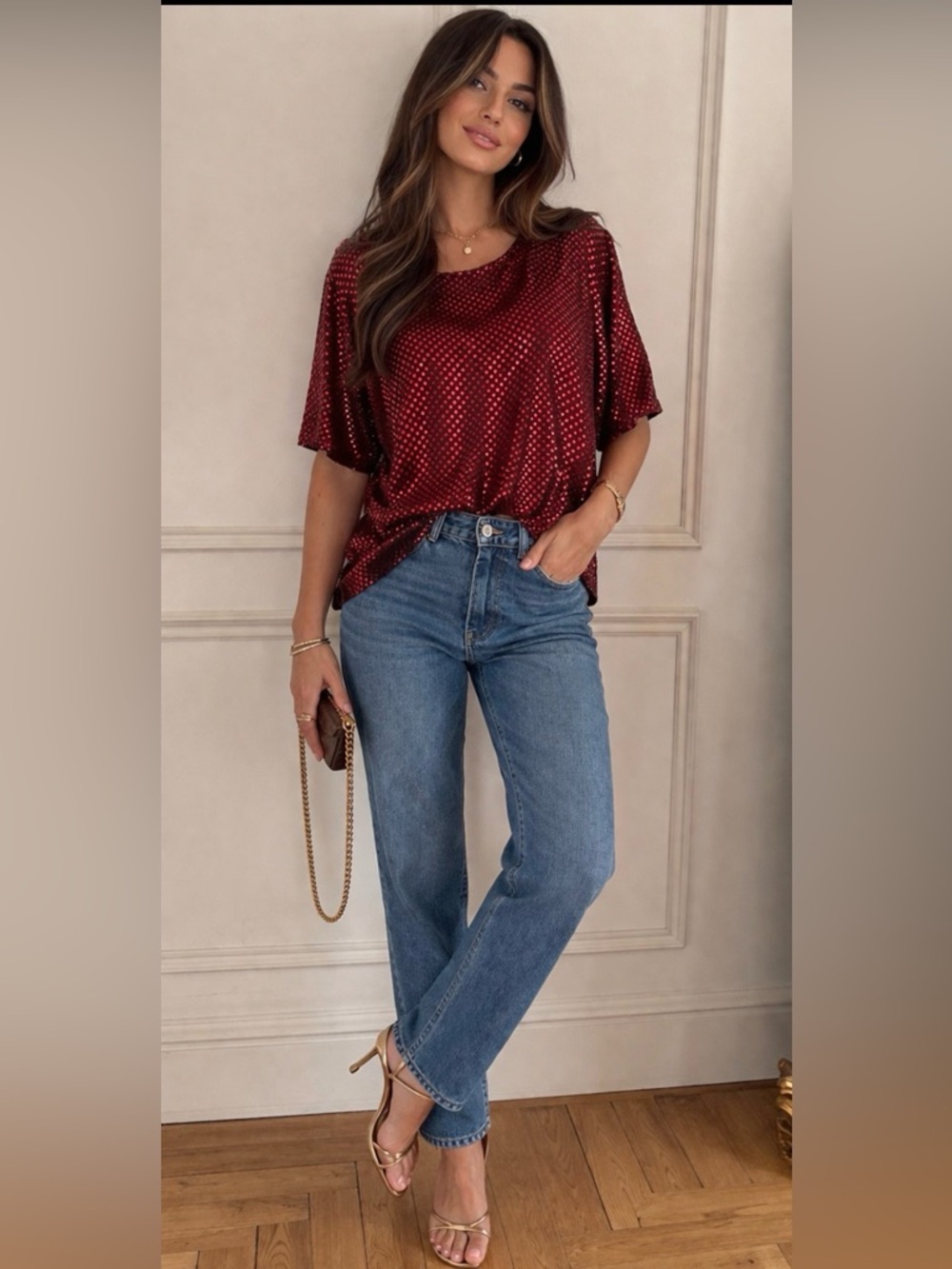 Vintage Erena Red Sequin Top Relaxed Fit Size Large Party Glam Sparkle Shirt